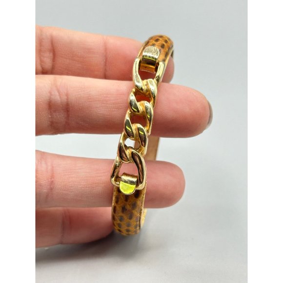 Vtg 80s 90s Snakeskin Bracelet Hinged Bangle Light Brown with Gold Plated Chain - Picture 6 of 8